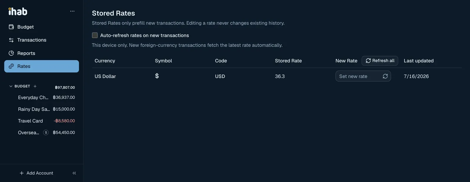 The ihab Stored Rates screen showing a USD stored rate of 36.3, only ever used to prefill new transactions