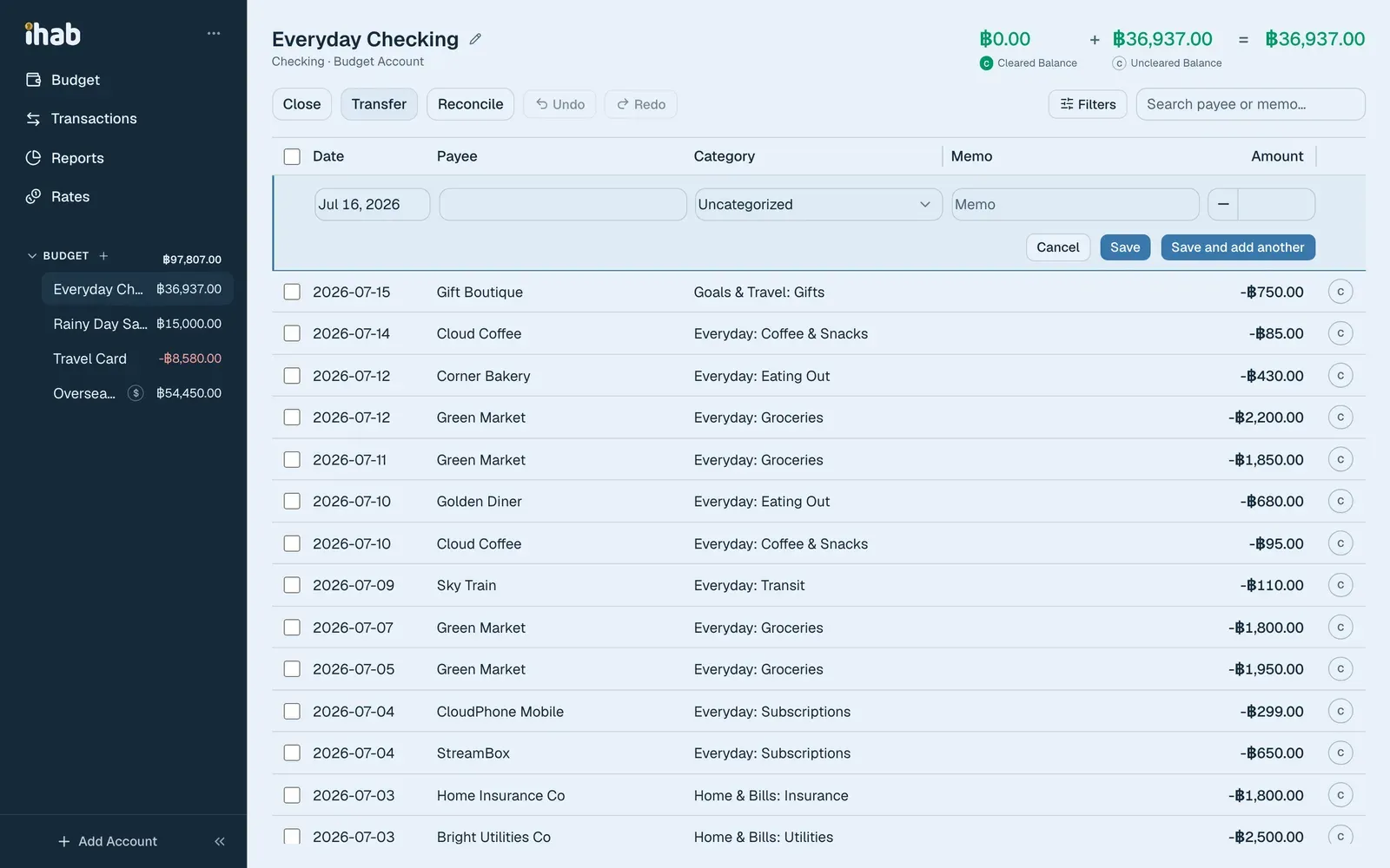 An ihab account register with categorized transactions and running balances, the shape your imported YNAB history lands in